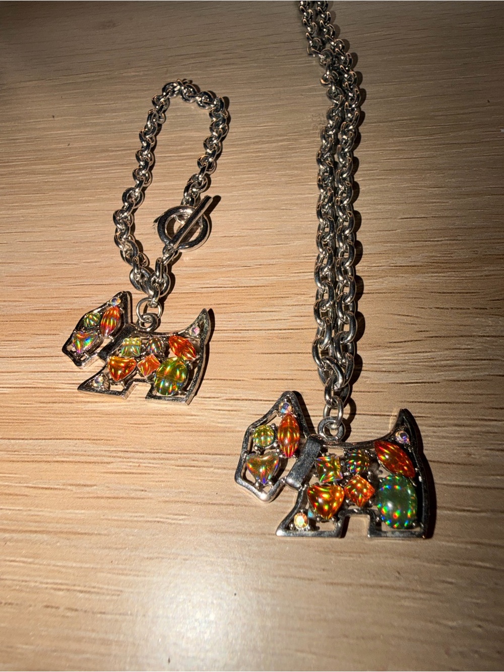 Silver Dog Pendant Necklace with Orange Iridescent Stones - Women's Jewelry